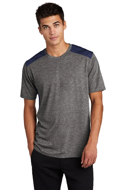 Men's short-sleeve oversized tie-dye shirt-Sport-Tek Mens Draft Moisture Wicking Short Sleeve Crewneck T-Shirt - Heather Dark Grey/True Navy Blue