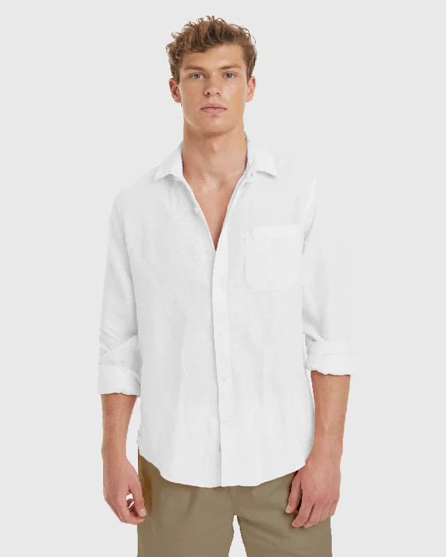 Men's short-sleeve muted fresh vacation shirt-Tulum-Slim White Linen Shirt Long Sleeve