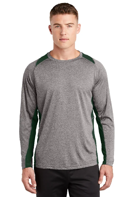 Men's short-sleeve modern vibrant tropical road trip shirt-Sport-Tek Mens Contender Heather Moisture Wicking Long Sleeve Crewneck T-Shirt - Heather Vintage Grey/Forest Green