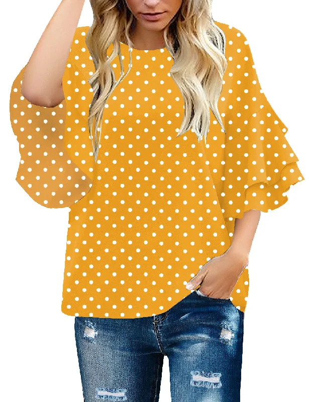 Men's short-sleeve rich sporty loud print tee-Yellow/White Polka Dot Women's Summer Blouse Casual Ruffle 3/4 Sleeve Tops Loose Shirts