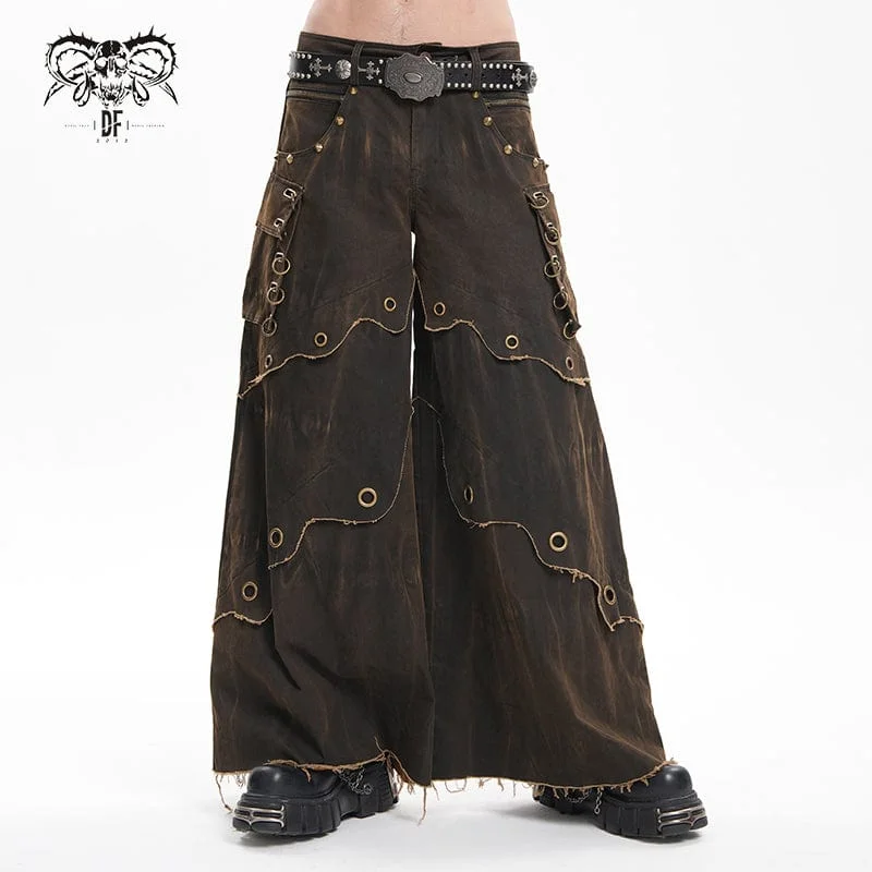 men's relaxed slim brown pants-Men's Gothic Eyelets Rings Pocket Trousers Coffee