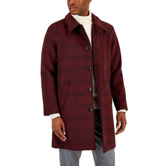 Men's sky blue jackets-Alfani Mens Balmacaan Plaid Pattern Dual Pocket Top Coat Red Size Medium