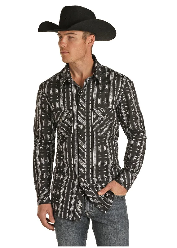 Men's short-sleeve rugged breathable UV-protective shirt-Rock & Roll Cowboy Men's Black & Grey Aztec Snap Up Western Shirt B2S1315