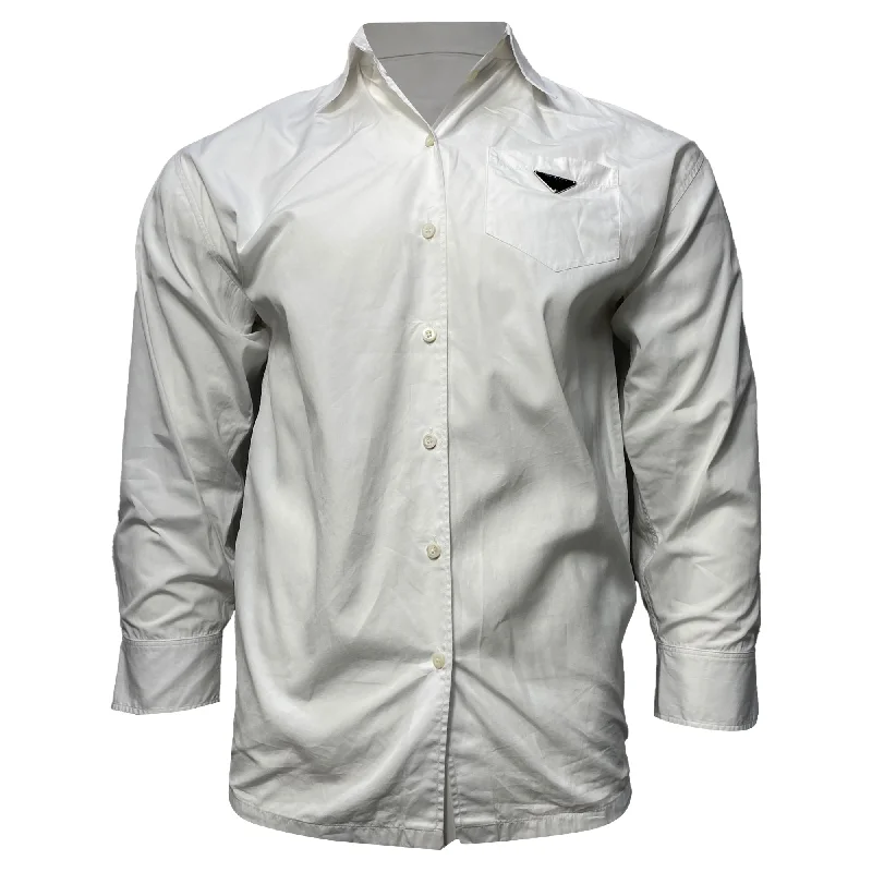 Men's short-sleeve tropical peach top-Prada Logo Detail Poplin Shirt in White Cotton