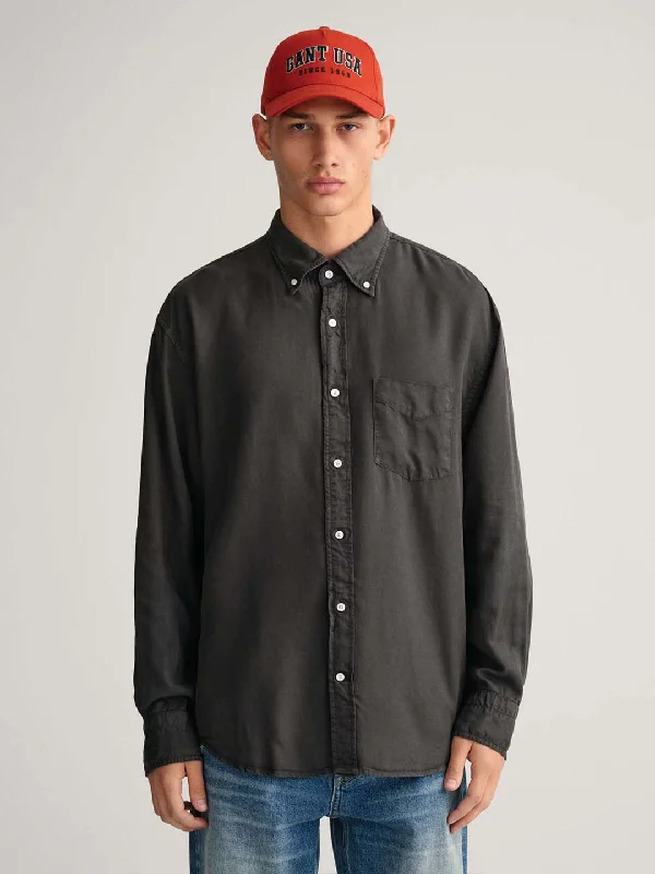 Men's short-sleeve subtle soft trendy hiking shirt-Gant Black Regular Fit Shirt