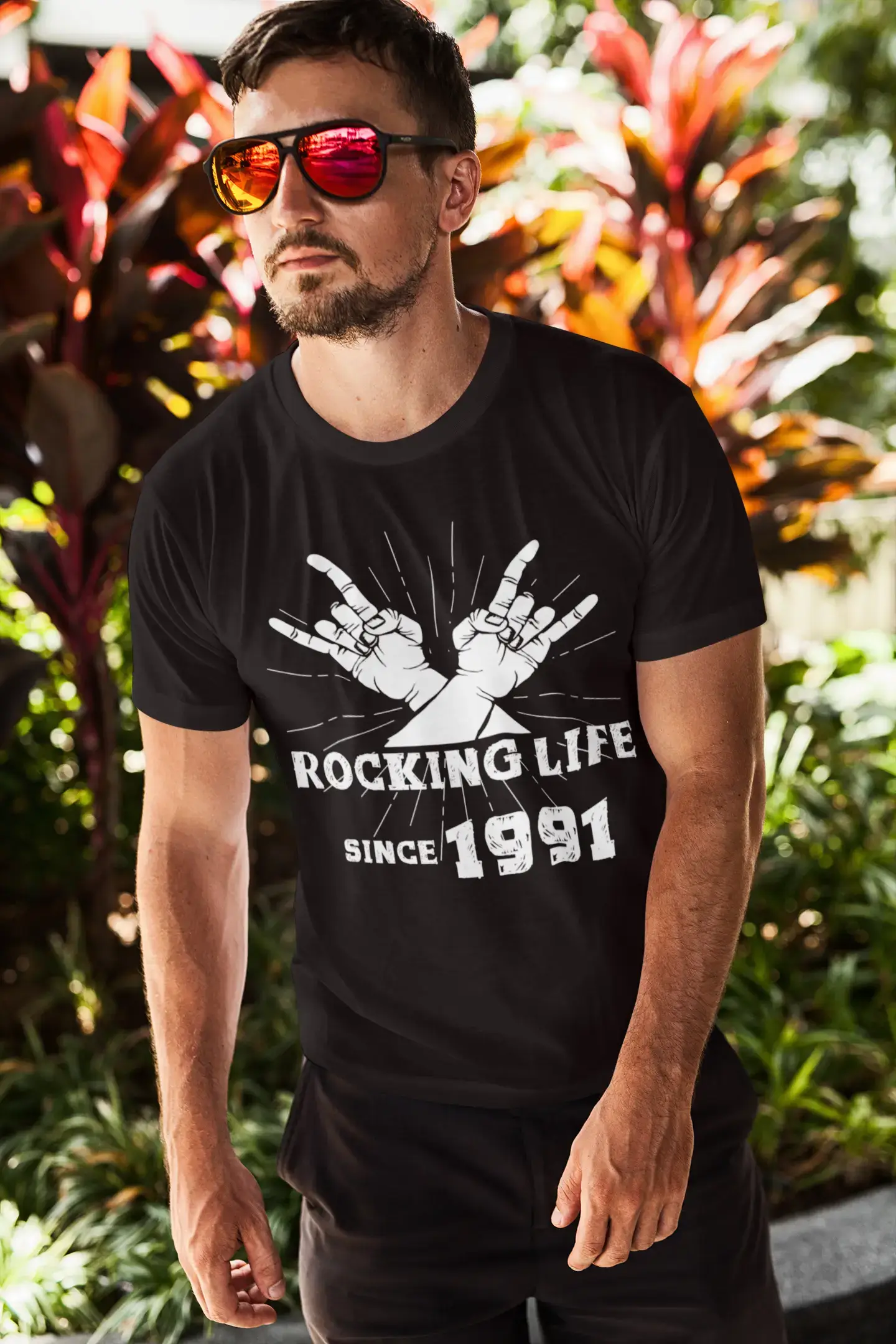 Men's short-sleeve cool relaxed floral top-Rocking Life Since 1991 Men's T-shirt Black Birthday Gift 00419