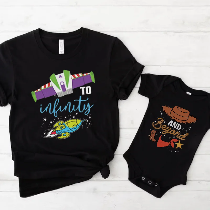 Men's short-sleeve structured embroidered tee-To Infinity & Beyond Matching Black T-shirts & Baby Vest