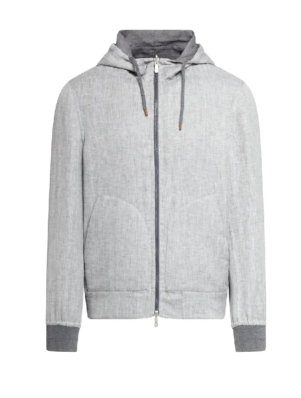 Men's factory work jackets-Brunello Cucinelli Men's Zip Up Linen Wool & Silk Hooded Jacket In Grey