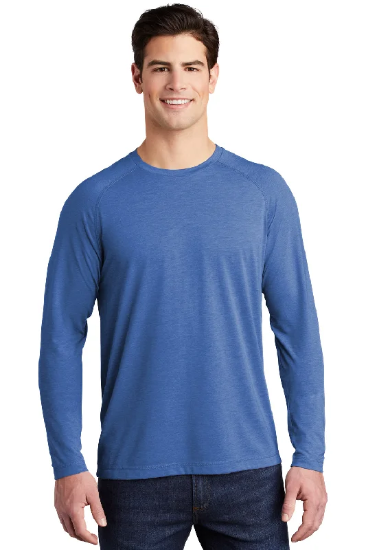 Men's short-sleeve snug solid shirt-Sport-Tek Mens Moisture Wicking Long Sleeve Crewneck T-Shirt - Heather True Royal Blue