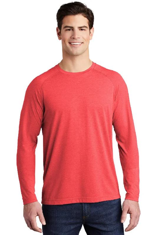 Men's short-sleeve draped quick-dry shirt-Sport-Tek Mens Moisture Wicking Long Sleeve Crewneck T-Shirt - Heather True Red