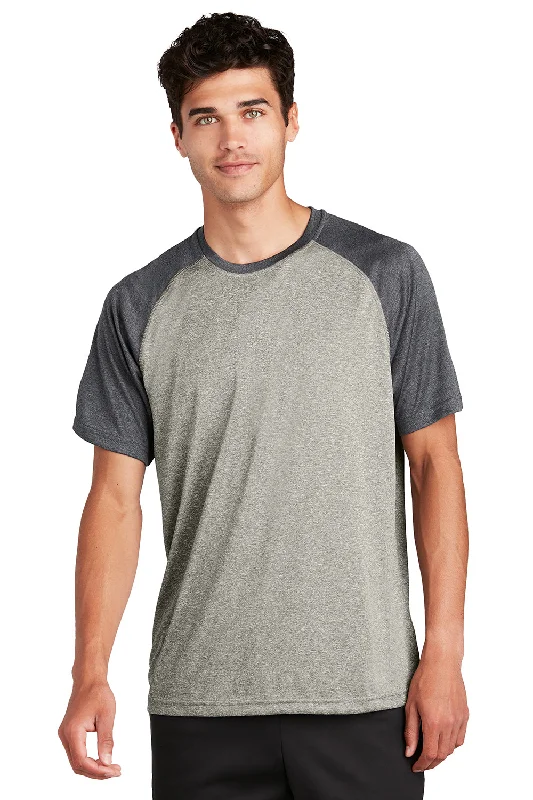 Men's short-sleeve cool rugged urban sailing top-Sport-Tek Mens Contender Heather Moisture Wicking Short Sleeve Crewneck T-Shirt - Heather Vintage Grey/Heather Graphite Grey - Closeout