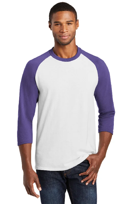 Men's short-sleeve modern climbing top-Port & Company Mens Core Moisture Wicking 3/4 Sleeve Crewneck T-Shirt - White/Purple - Closeout