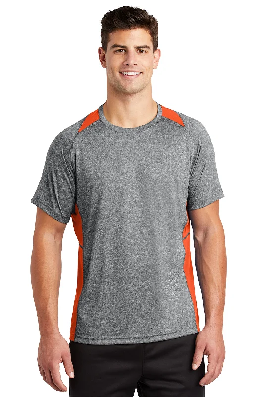 Men's short-sleeve warm mustard top-Sport-Tek Mens Contender Heather Moisture Wicking Short Sleeve Crewneck T-Shirt - Heather Vintage Grey/Deep Orange