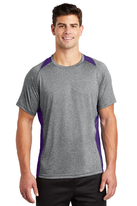 Men's short-sleeve muted sage top-Sport-Tek Mens Contender Heather Moisture Wicking Short Sleeve Crewneck T-Shirt - Heather Vintage Grey/Purple