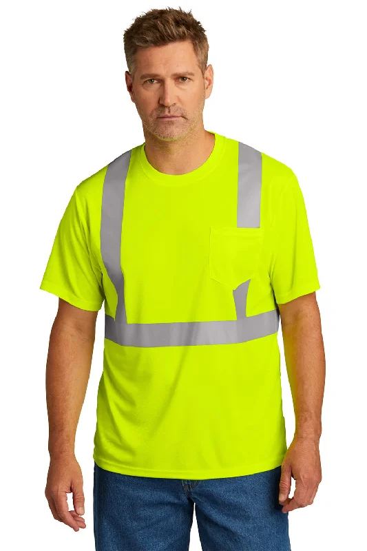 Men's short-sleeve bright deep vibrant aqua shirt-CornerStone Mens ANSI 107 Class 2 Moisture Wicking Short Sleeve Crewneck T-Shirt w/ Pocket - Safety Yellow