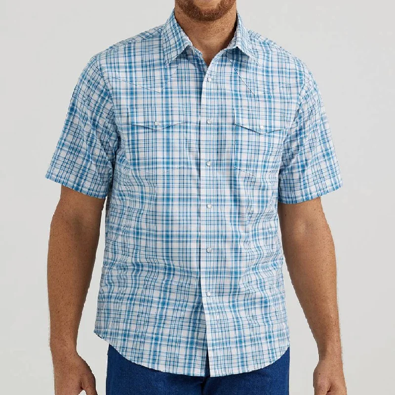 Men's short-sleeve artisanal organic top-Wrangler Mens Wrinkle Resistant Short Sleeve - Blue/White Plaid