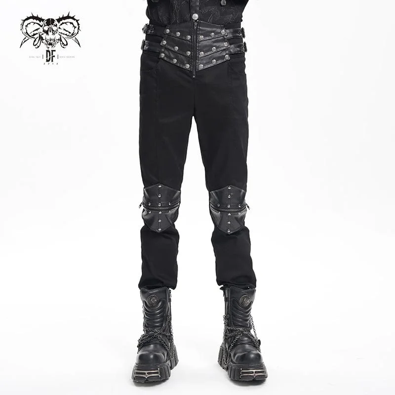 men's athletic pleated red pants-Men's Gothic Buckle-up Studs Trousers