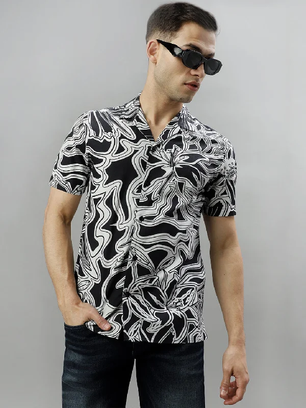 Men's short-sleeve stylish sleek athletic heather shirt-Iconic Black Floral Print Regular Fit Shirt