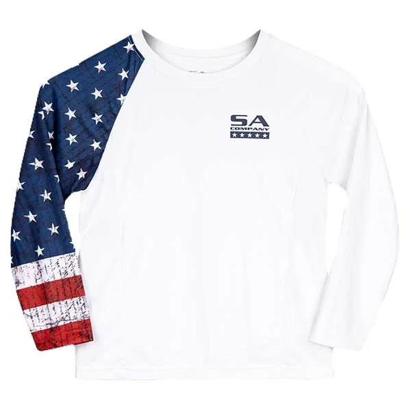 Men's short-sleeve neutral subtle taupe top-Kids Performance Long Sleeve Shirt | White | American Flag PreOrder