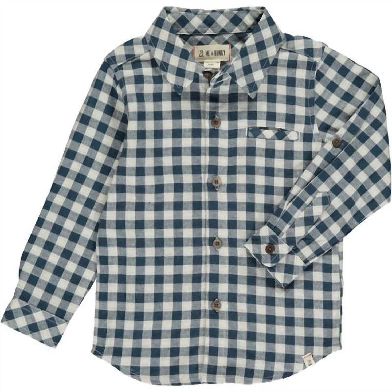 Men's short-sleeve soft trendy snug navy tee-Men’S Atwood Long Sleeve Woven Shirt In Teal & White Plaid