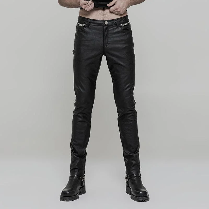 men's slim cotton olive pants-Men's Punk Ruched Faux Leather Skinny Trousers