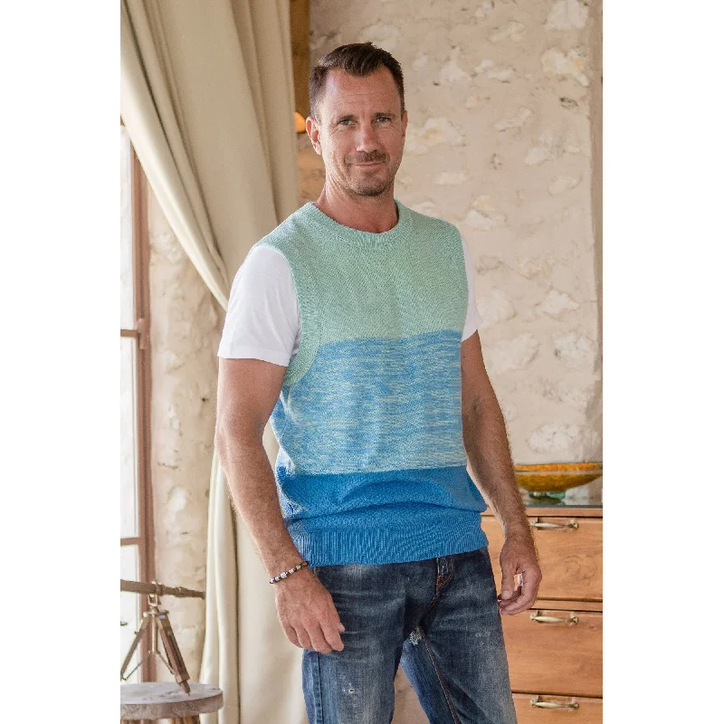 Men's dirt adventure jackets-Novica Handmade Mint And Blue Mens Cotton Blend Sweater Vest