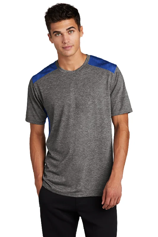 Men's short-sleeve vintage charcoal shirt-Sport-Tek Mens Draft Moisture Wicking Short Sleeve Crewneck T-Shirt - Heather Dark Grey/True Royal Blue