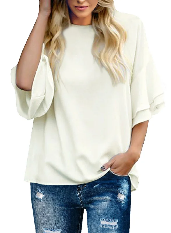 Men's short-sleeve smooth pocket top-Brilliant White Women's Summer Blouse Casual Ruffle 3/4 Sleeve Tops Loose Shirts