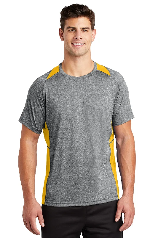 Men's short-sleeve bold crimson top-Sport-Tek Mens Contender Heather Moisture Wicking Short Sleeve Crewneck T-Shirt - Heather Vintage Grey/Gold