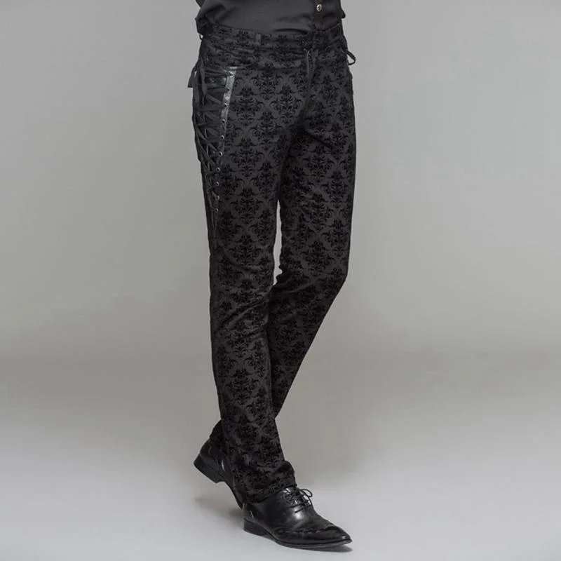 men's petite flat-front white pants-Men's Punk Brocade Trousers With Criss Cross Lacing