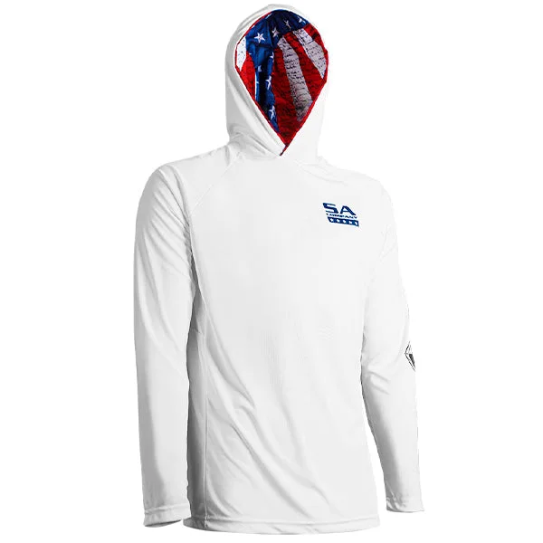 Men's short-sleeve bright deep picnic tee-Hooded Performance Long Sleeve Shirt | White | Inner Hood American Flag PreOrder