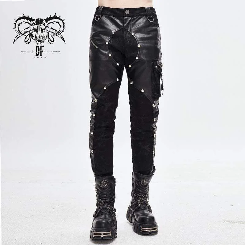 men's tapered wool blue pants-Men's Faux Leather Zipper Rivets Spliced Trousers With Pocket