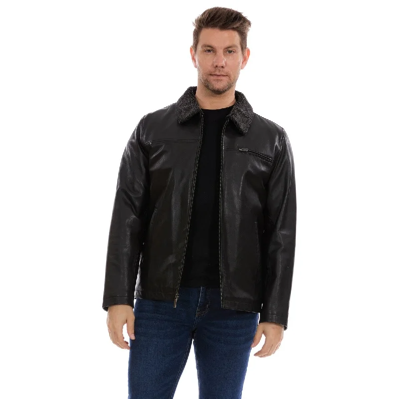 Men's trophy team jackets-Perry Ellis Mens Genuine Leather Jacket w/ Sherpa Collar