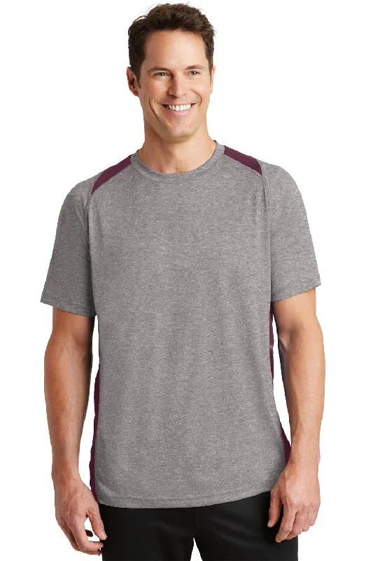 Men's short-sleeve retro violet top-Sport-Tek Mens Contender Heather Moisture Wicking Short Sleeve Crewneck T-Shirt - Heather Vintage Grey/Maroon - Closeout