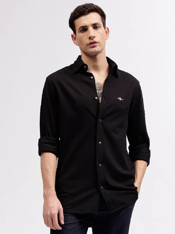 Men's short-sleeve fresh modern climbing shirt-Gant Men Black Solid Button-down Collar Full Sleeves Shirt