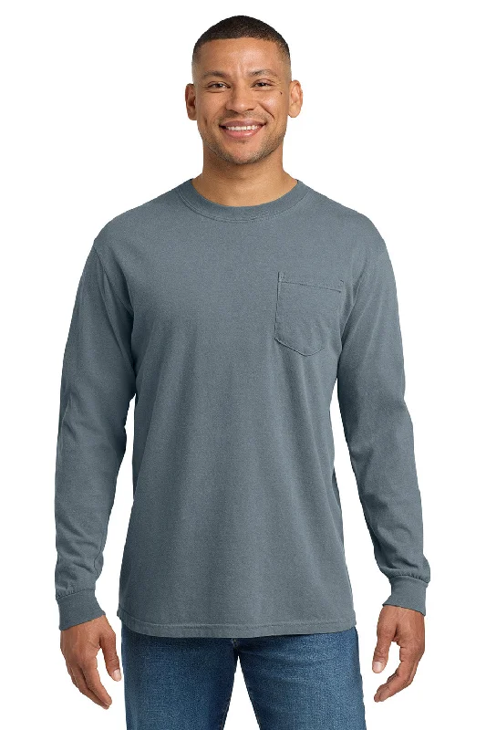 Men's short-sleeve bold sturdy low-cost top-Comfort Colors Mens Long Sleeve Crewneck T-Shirt w/ Pocket - Granite Grey