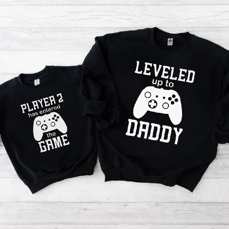 Men's short-sleeve breathable wool tee-Leveled Up Daddy/Player 2 Matching Dad & kid Black Sweatshirt