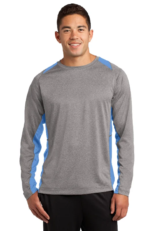 Men's short-sleeve warm stylish sleek neutral beige top-Sport-Tek Mens Contender Heather Moisture Wicking Long Sleeve Crewneck T-Shirt - Heather Vintage Grey/Carolina Blue - Closeout