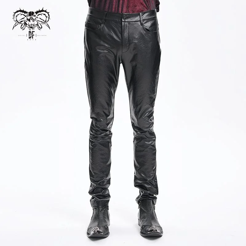 men's 30-inch casual blue pants-Men's Gothic Faux Leathet Button Trousers