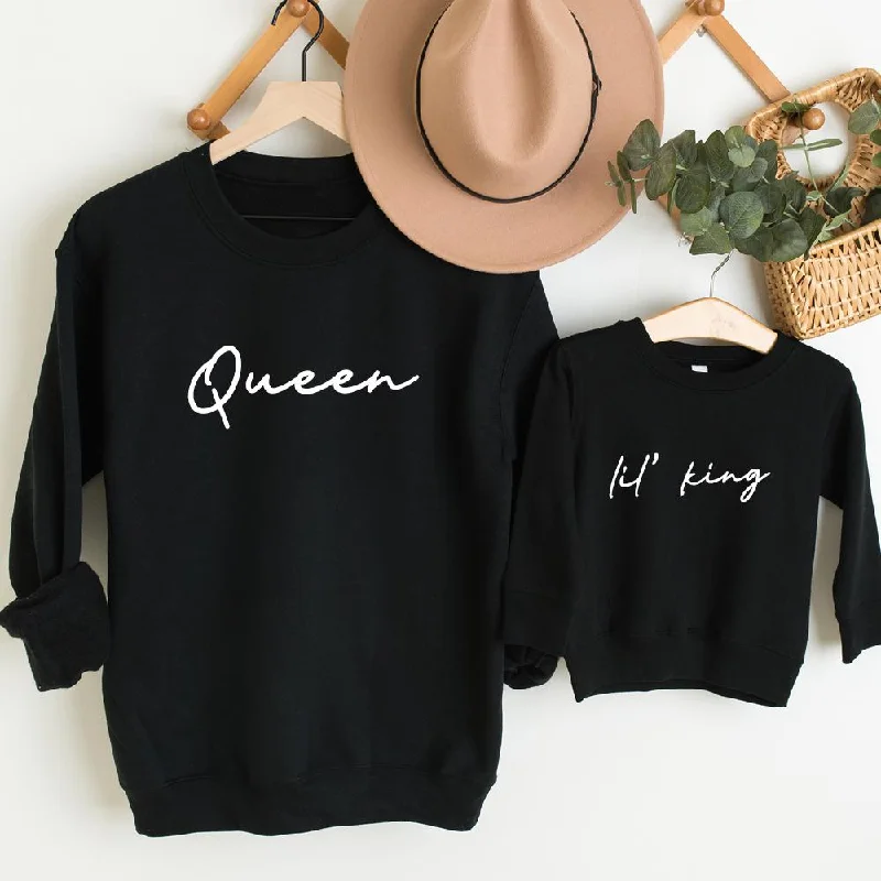 Men's short-sleeve sleek silver shirt-Queen & Lil' King Mum & Kid Matching Black Sweatshirts