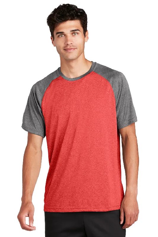 Men's short-sleeve fresh modern vibrant streetwear top-Sport-Tek Mens Contender Heather Moisture Wicking Short Sleeve Crewneck T-Shirt - Heather Scarlet Red/Heather Graphite Grey - Closeout