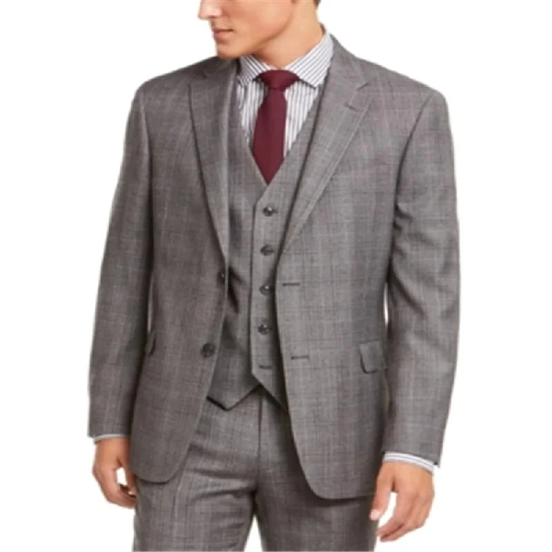 Men's rainstorm waterproof jackets-Tommy Hilfiger Men's Modern Fit THFlex Stretch Plaid Suit Separate Jacket Gray Size 40