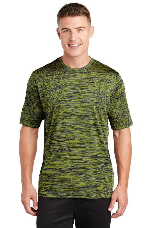 Men's short-sleeve stylish sleek airy high-performance tee-Sport-Tek Mens Electric Heather Moisture Wicking Short Sleeve Crewneck T-Shirt - Lime Shock Green/True Navy Blue Electric - Closeout