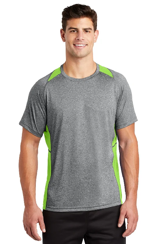 Men's short-sleeve rich burgundy shirt-Sport-Tek Mens Contender Heather Moisture Wicking Short Sleeve Crewneck T-Shirt - Heather Vintage Grey/Lime Shock Green