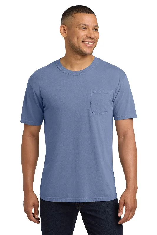 Men's short-sleeve subtle graphic neon shirt-Comfort Colors Mens Short Sleeve Crewneck T-Shirt w/ Pocket - Washed Denim Blue