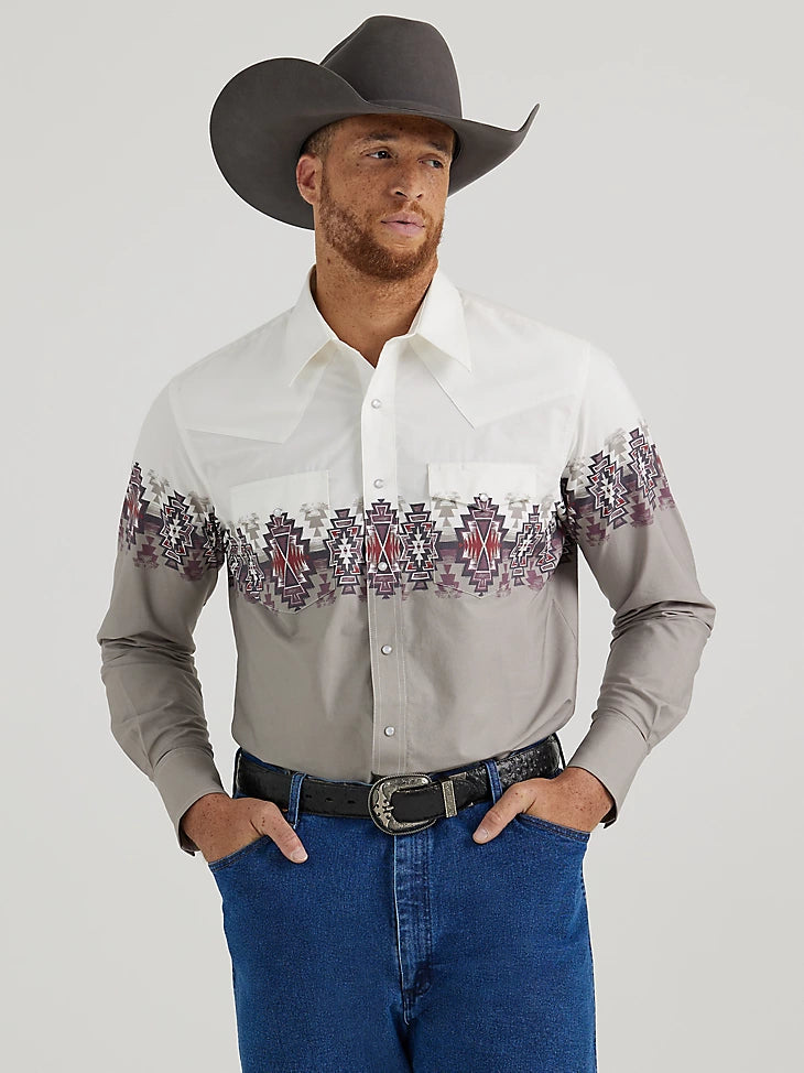 Men's short-sleeve vibrant urban gold top-Checotah® Western Long Sleeve Shirt -Mens - White/Gray