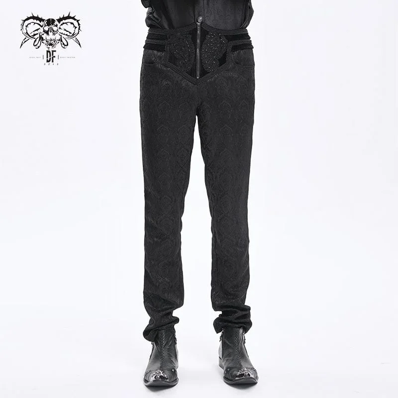 men's tapered polyester blue pants-Men's Gothic Floral Branded Zip Trousers