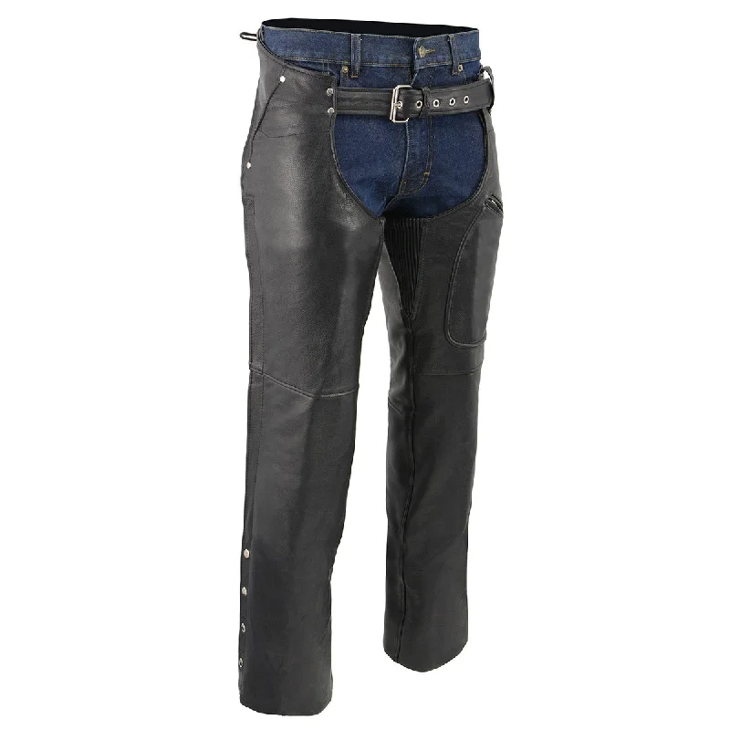 men's small wide-leg navy pants-Men's XS43401 Black Thermal Lined 3 Pocket Leather Motorcycle Chaps