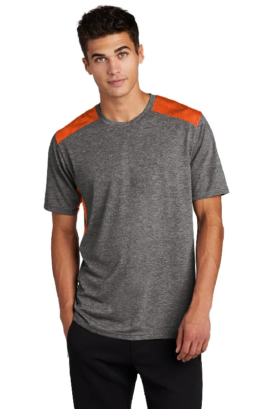 Men's short-sleeve tailored checkered shirt-Sport-Tek Mens Draft Moisture Wicking Short Sleeve Crewneck T-Shirt - Heather Dark Grey/Deep Orange