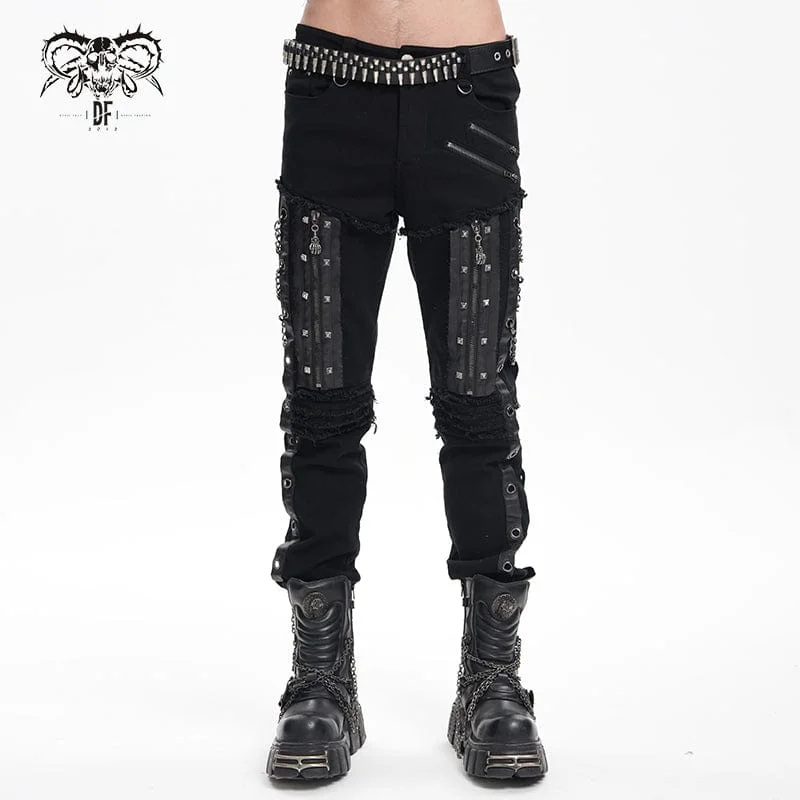 men's regular fit flat-front red pants-Men's Gothic Eyelets Chains Studs Trousers